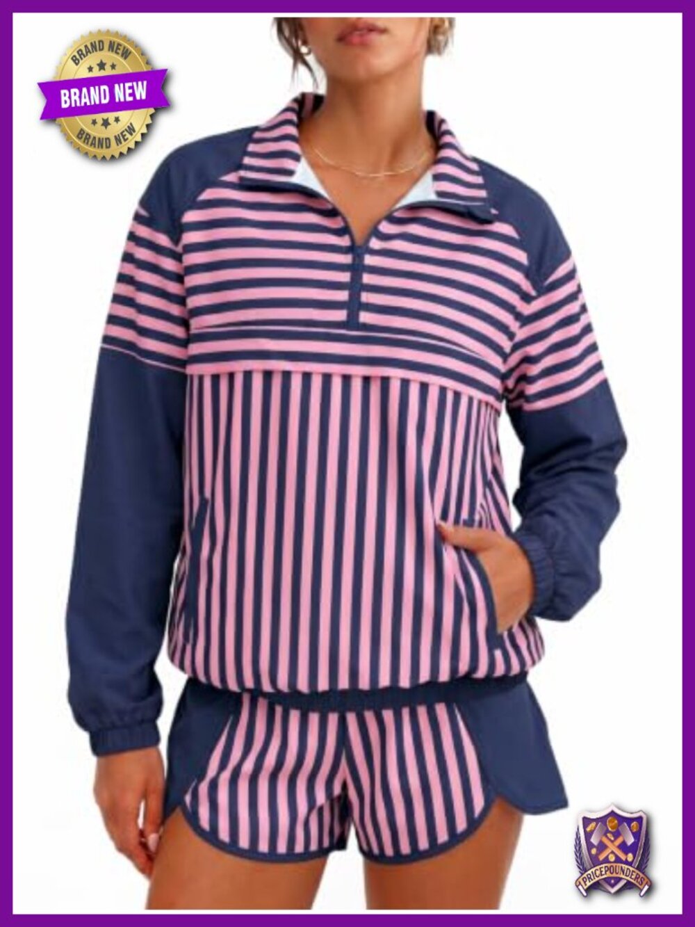 Striped 2 Piece Workout Set Long Sleeve Zip Top & Athletic Shorts